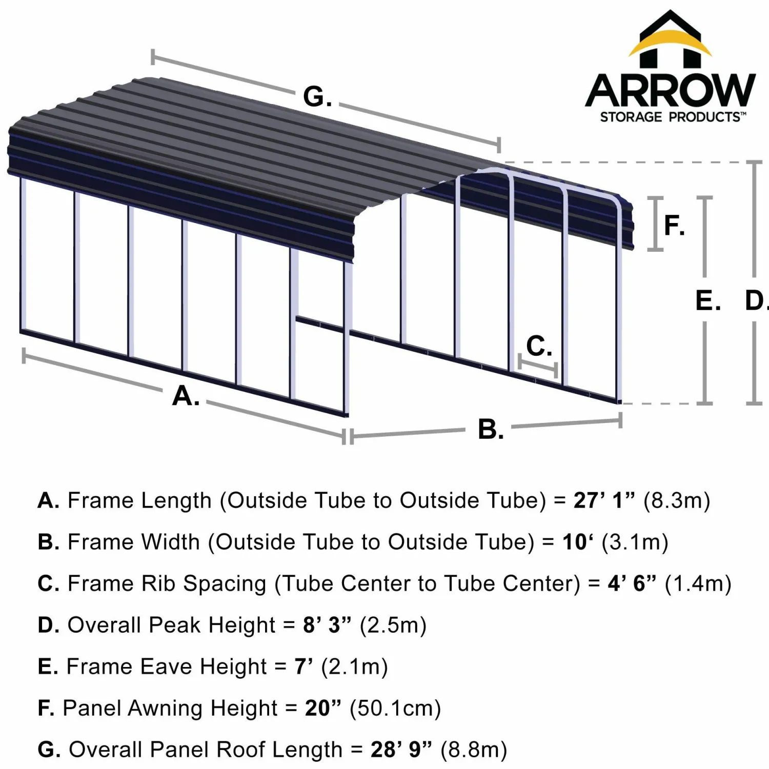 Arrow Auto-10 x 29 x 7 ft Charcoal Carport