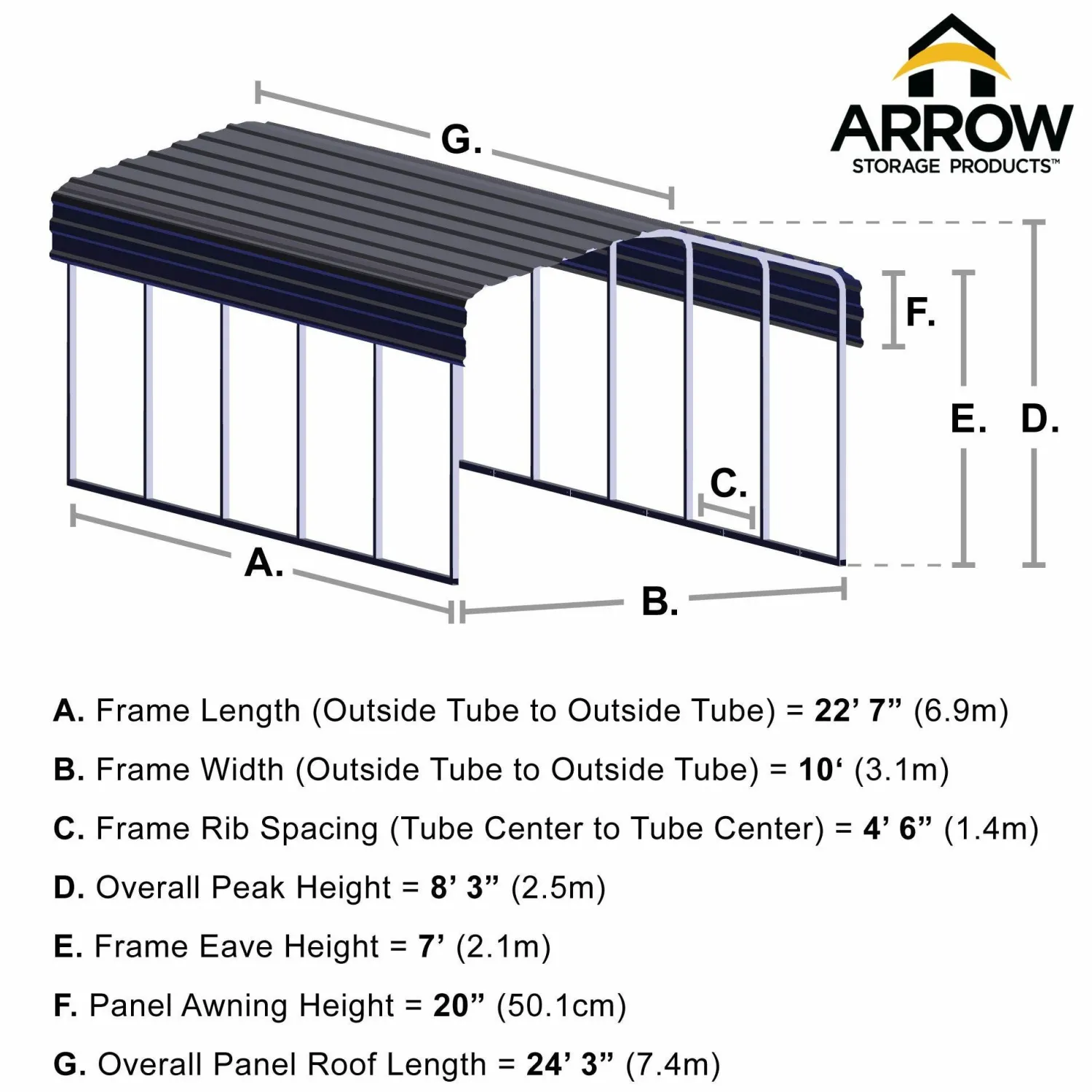 Arrow Auto-10 x 24 x 7 ft Charcoal Carport