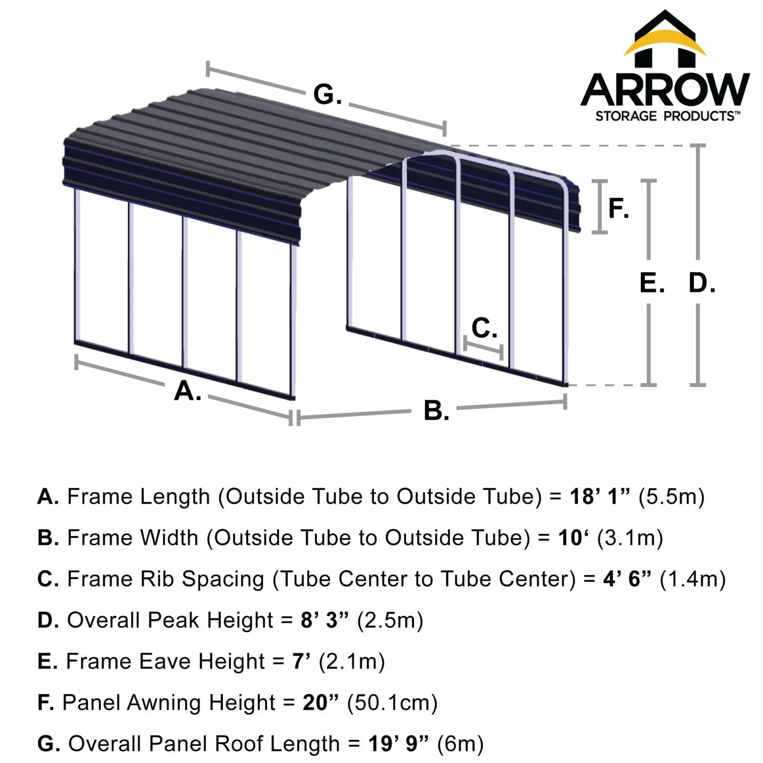 Arrow Auto-10 x 20 x 7 ft Charcoal Carport